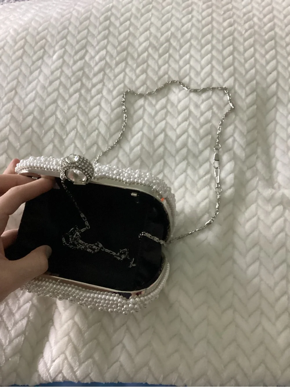 Pearl-Embellished White Clutch Bag